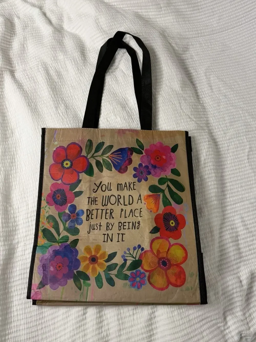 NW/OT Natural Life Reusable Tote Grocery Floral L Happy Bag You Make The World